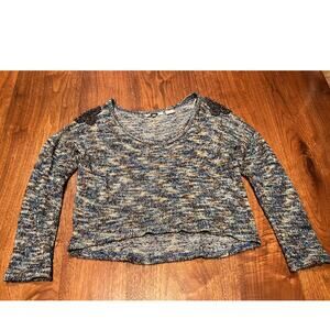 Miss Me Cropped Knit Sweater Blue Gray Long Sleeve Size S Beaded